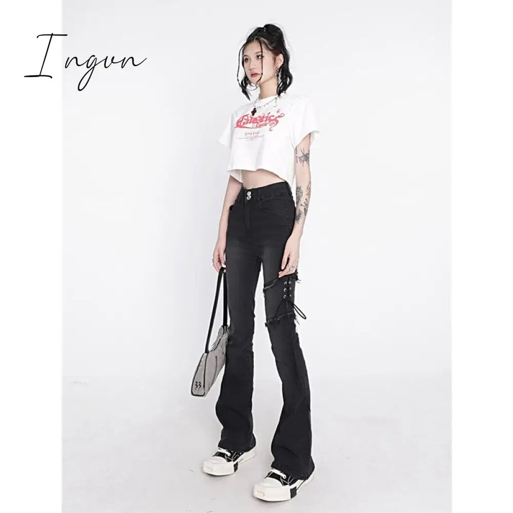 Ingvn - Women's Clothing Flare Jeans Black Lacing High Waist Stretchy Self Cultivation Vintage Casual Baggy Ladies Denim Trouser Summer