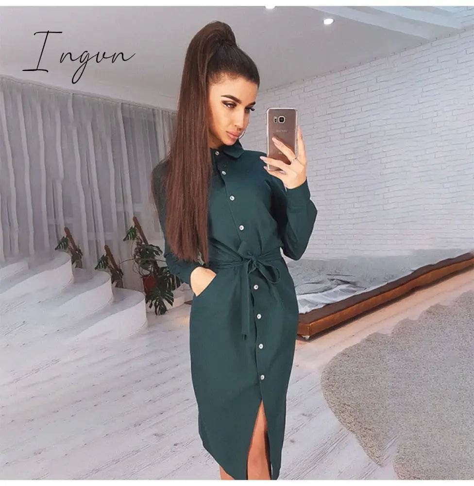 Ingvn - Lady Office Dress Autumn Long Sleeve Shirt Dress Fashion Turn-down Collar Single-breasted Party Dresses Платье  Casual Vestido