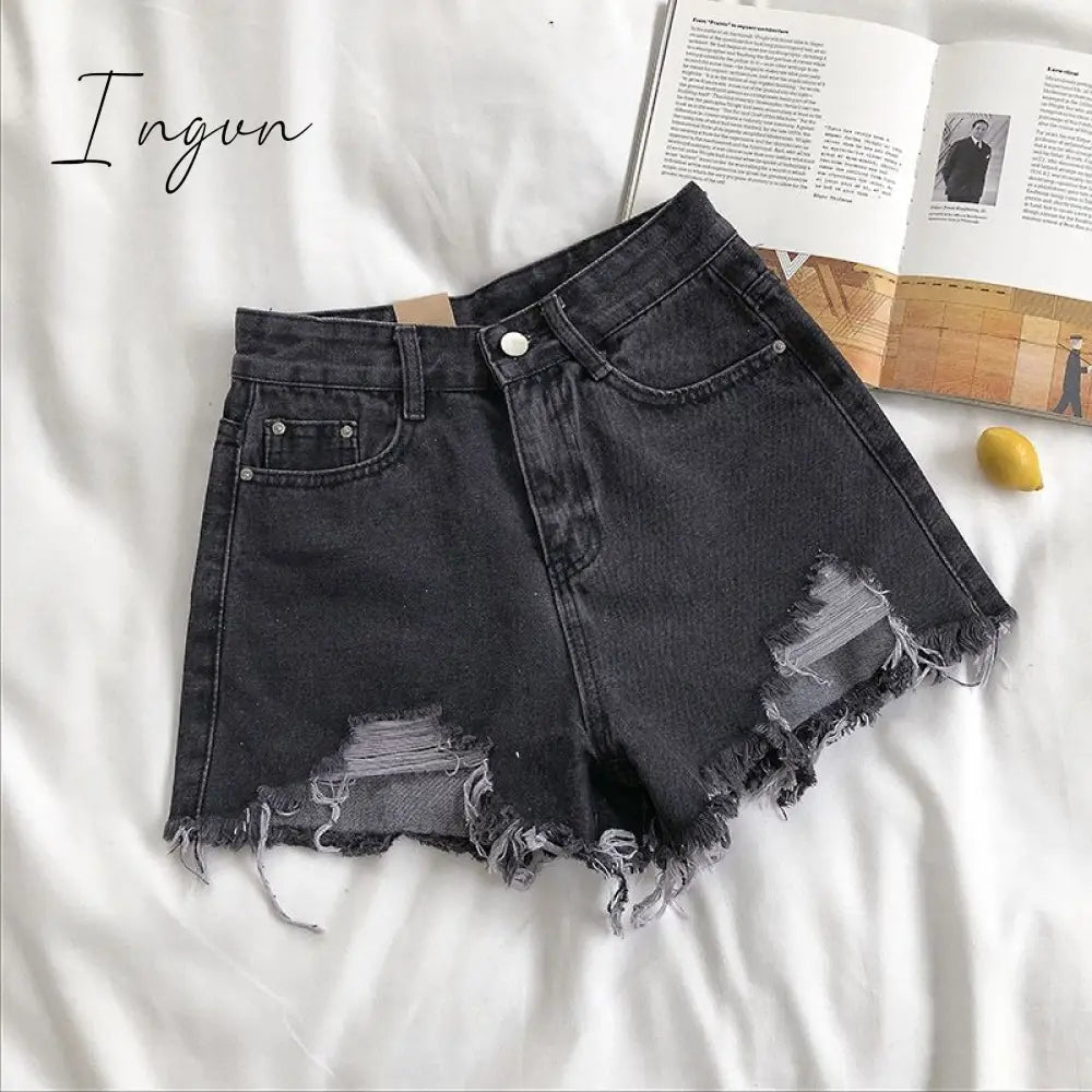 Ingvn - Casual High Waist Denim Shorts Women Summer  Pocket Tassel Hole Ripped jeans Short Female Femme Short Pants Women