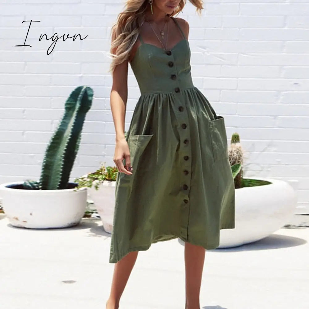 Ingvn - Vintage Casual Sundress Female Beach Dress Midi Button Backless Polka Dot Striped Women Dress Summer Boho Sexy Floral Dress