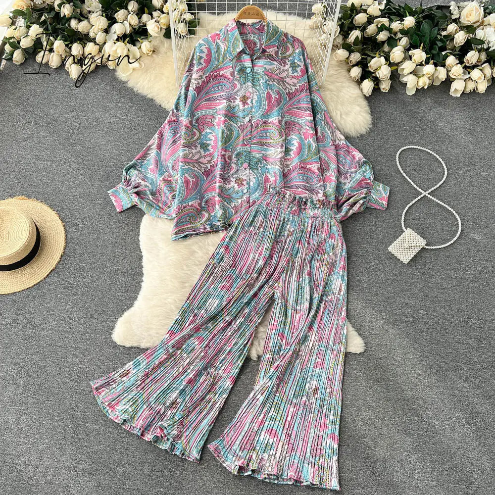 Ingvn - Women's Dress Spring Retro Print Casual Set Design Batwing Sleeve Single Breasted Blouse+High Waist Long Pants Two Piece Suits