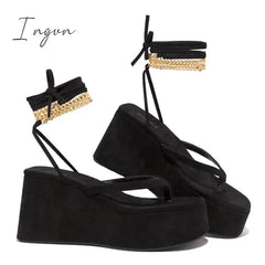 Ingvn - Ankle Chain Lace-Up Thong Entry Wedge Platform Sandals