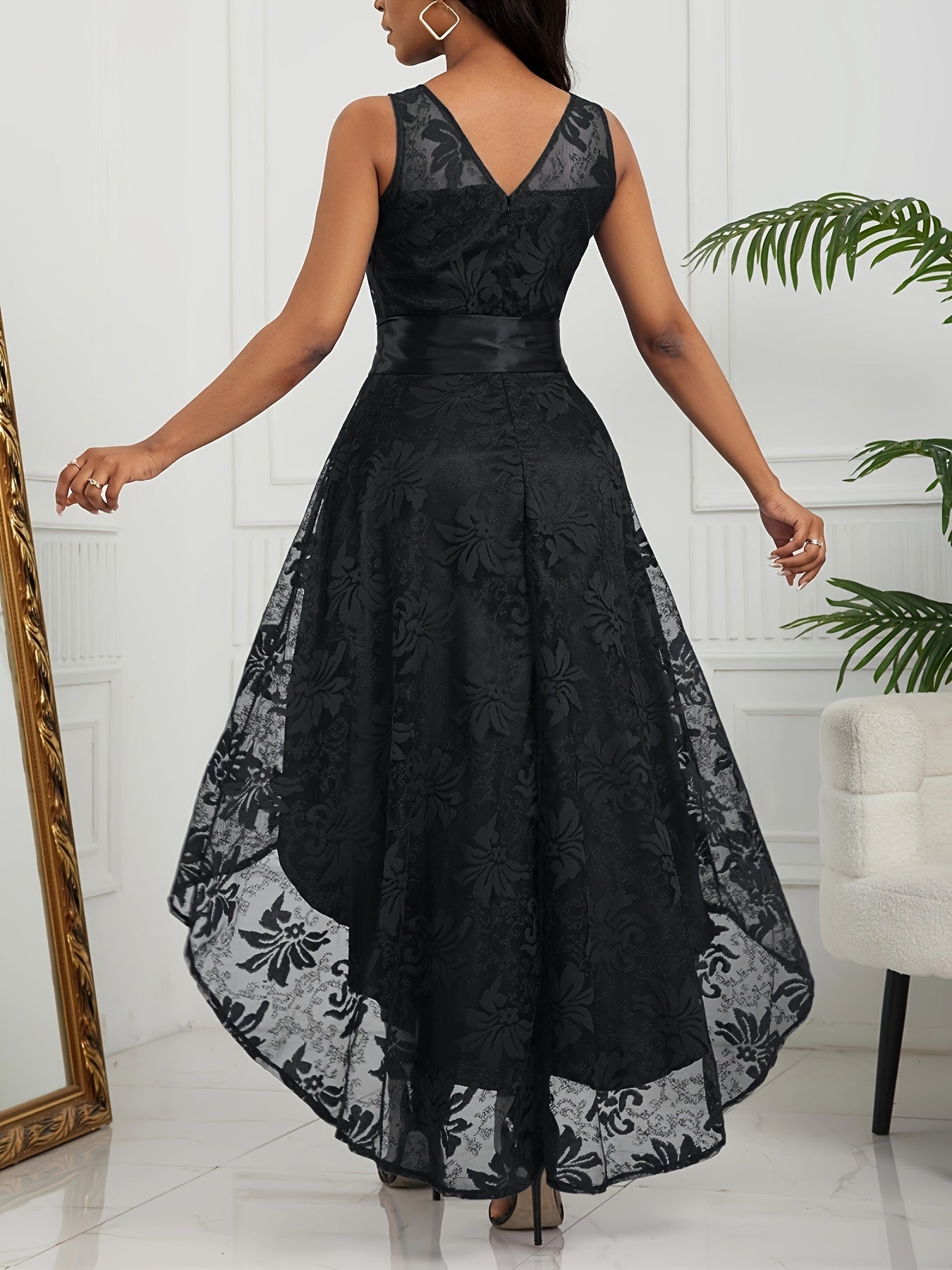 Lace High Low Hem A-line Dress, Elegant Sleeveless Tie Waist Dress For Party & Banquet, Women's Clothing For Party Dressing