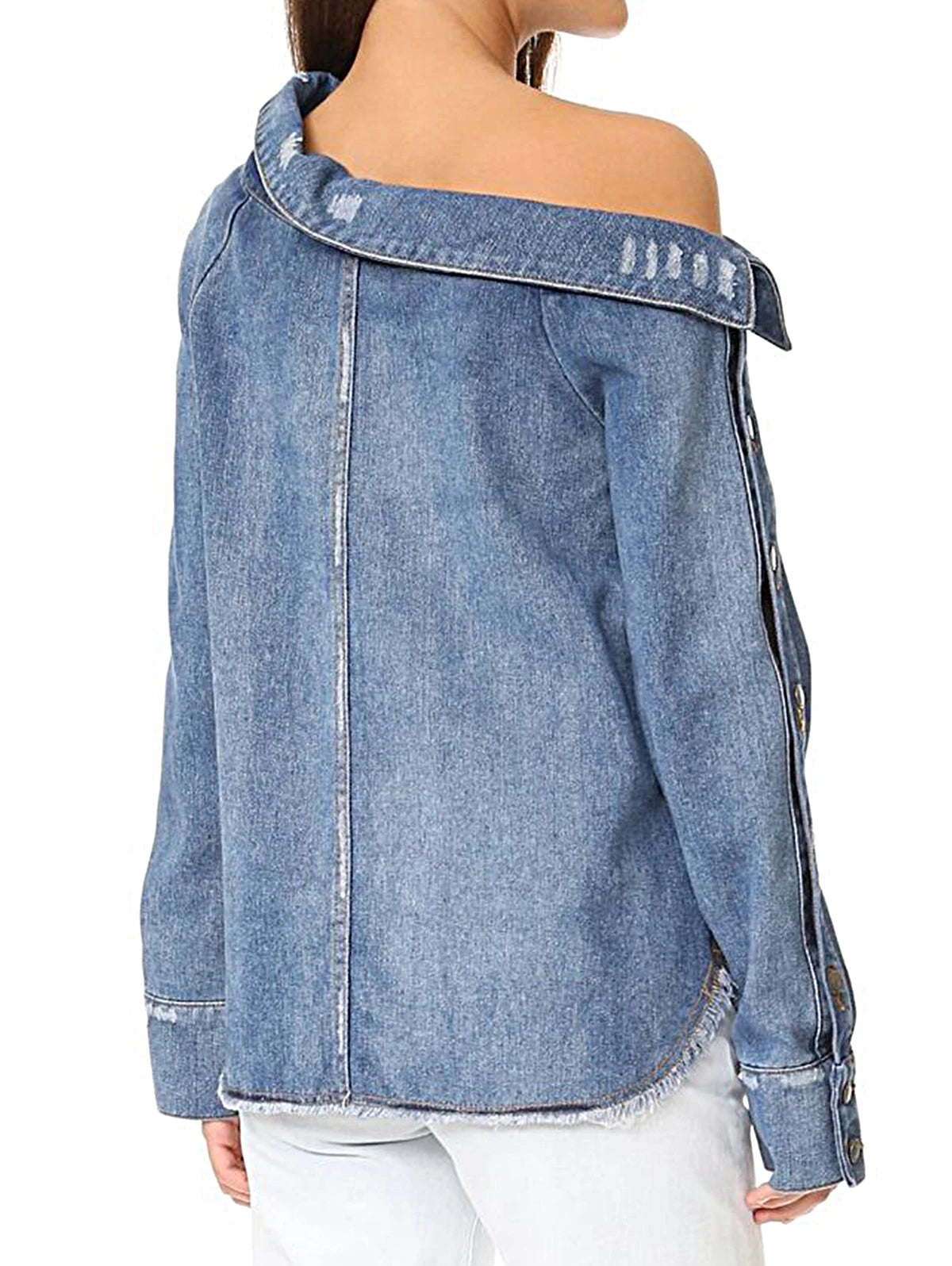Women Fashion Single Shoulder Asymmetrical Denim Smock Blouse Femme Chic Pocket Buttons Shirt Chemise Blusas Tops