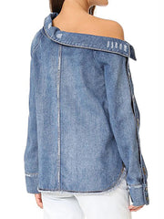 Women Fashion Single Shoulder Asymmetrical Denim Smock Blouse Femme Chic Pocket Buttons Shirt Chemise Blusas Tops
