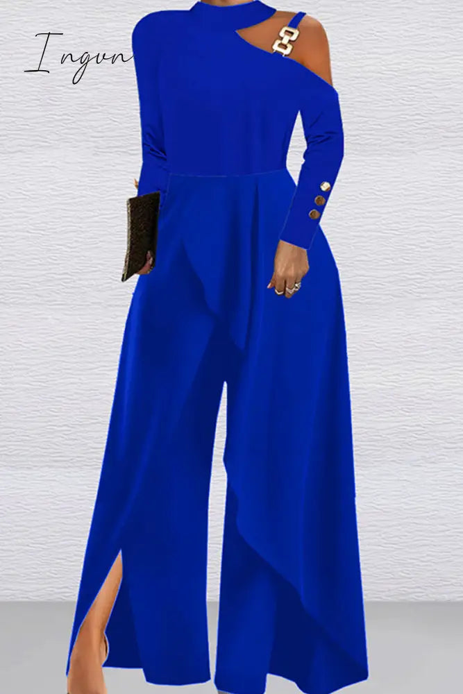 Ingvn - Elegant Solid Patchwork Buttons Metal Accessories Decoration Halter Loose Jumpsuits