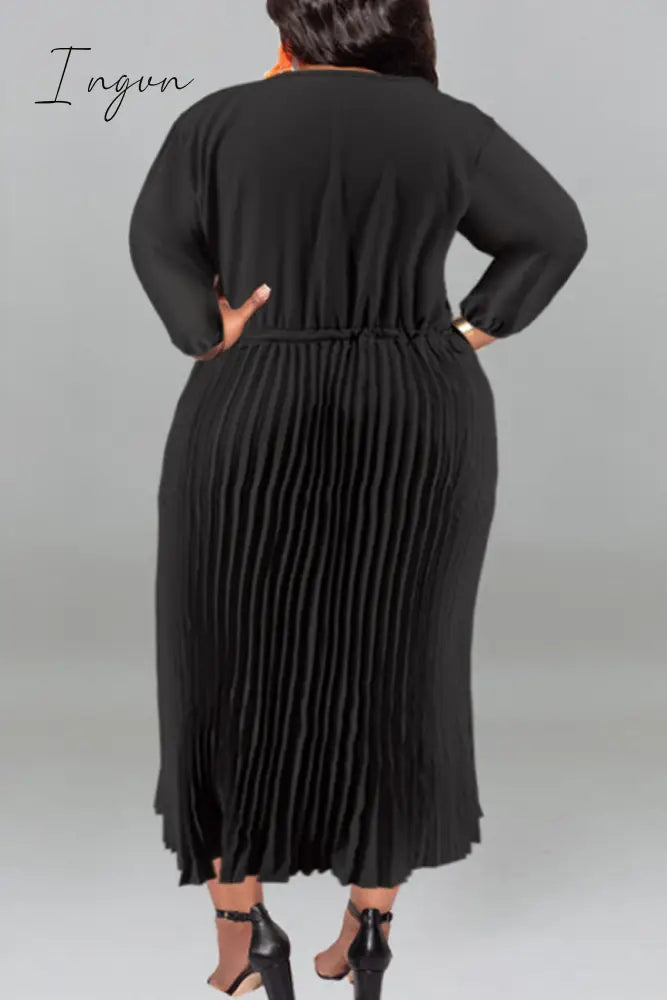 Ingvn - Gold Casual Street Solid Patchwork Draw String Zipper Pleated O Neck Long Sleeve Plus Size Dresses