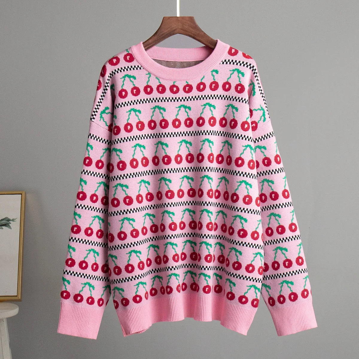 Ingvn  Women's Round Neck Cherry Printed Sweater Autumn Winter New Mid Length Fashion Top Retro Knitted Sweater Pullover