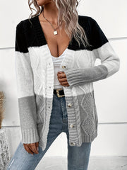 Color Block Botton Front Cardigan, Casual Cable Knit Long Sleeve Cardigan For Fall & Winter, Women's Clothing