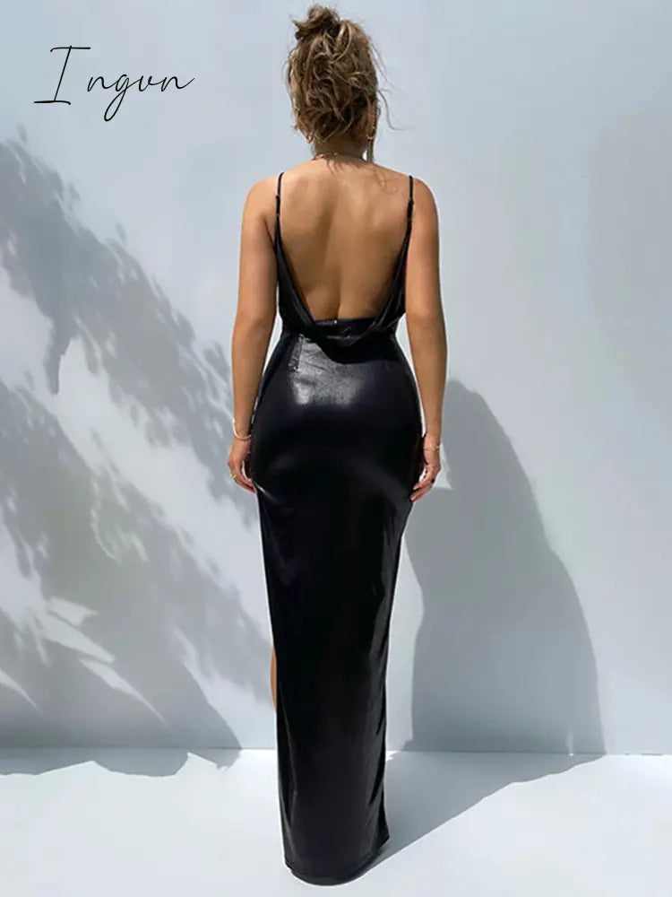 Ingvn - Spaghetti Strap Backless Split Maxi Dress Women Summer New Sleeveless Bodycon Ruched Sexy Party Club Long Dress