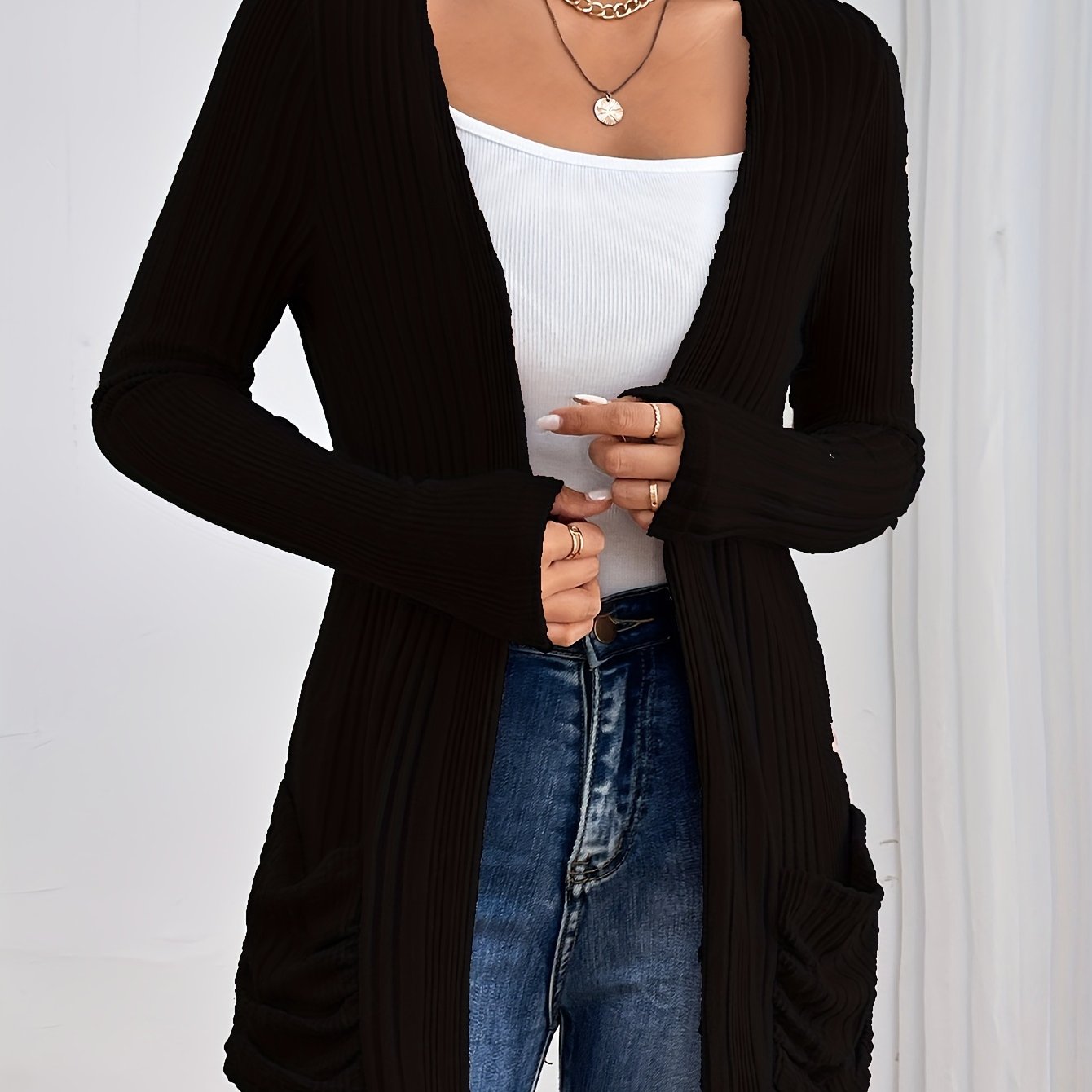 Solid Open Front Rib Knit Cardigan, Casual Long Sleeve Slim Cardigan With Pocket, Women's Clothing