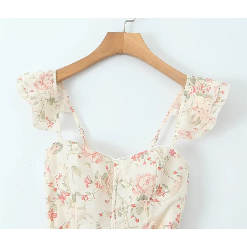 Summer Women Front Slit With Belt Floral Print Long Dress Sexy Backless Flying Sleeve Female Elegant Party Dresses