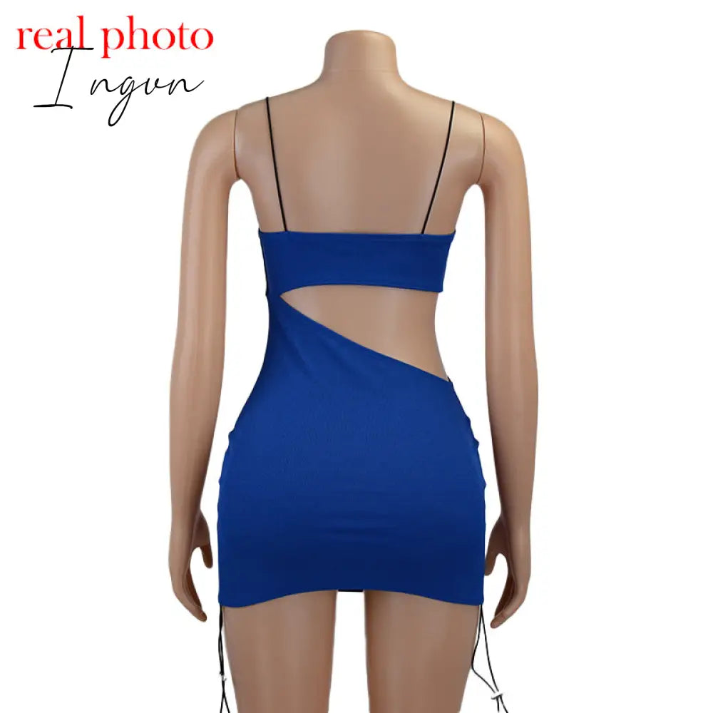 Ingvn - Spaghetti Strap Drawstring Ruched Cut-Out Sexy Backless Mini Dress for Women Club Party Sleeveless Dresses Bodycon
