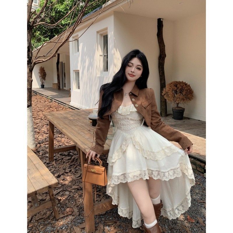 Pphmm 2000s fashion Pure Desire Temperament Sling Dress Women's Early Autumn Popular Suit Retro Motorcycle Short Coat Two-Piece Set