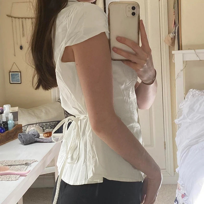 Vintage Folds Crop Top White Button Up Short Sleeve Blouse Women Bandage Korean Fashion T-shirt Casual Streetwear y2k Tee