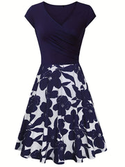 Charming Floral Print V-Neck Dress - Stylish & Flowy Short Sleeve Style - Perfect for Spring & Summer - Womens Casual to Formal Wear