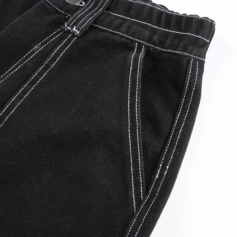 Ingvn - Womens Fashion Trends Pockets Patchwork Baggy Jeans Fashion Streetwear 100% Cotton Women Denim Trouser Loose Cargo Pants Korean Jeans Harajuku