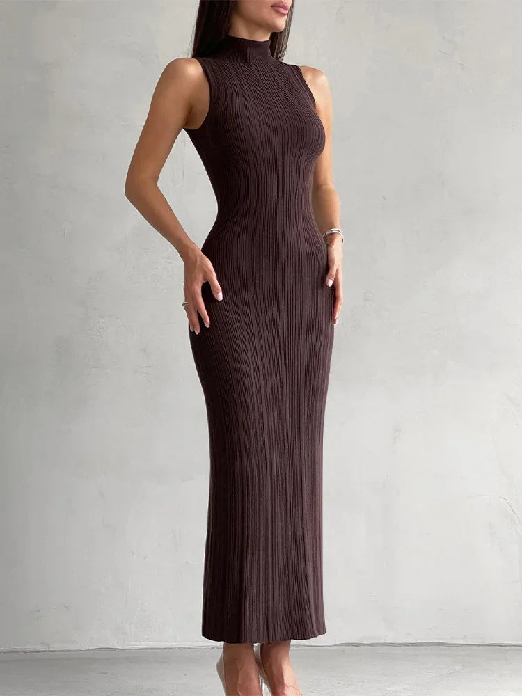 Sleeveless Knitwear Turtleneck Long Dress Female Slim Elegant Fashion Autumn 2023 Ribbed Knit Dress For Women Maxi Dress
