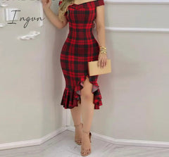 Ingvn - Women Plaid Off Shoulder Ruffle Hem Slit Dress Party Sexy Dress Elegant Fashion Dress