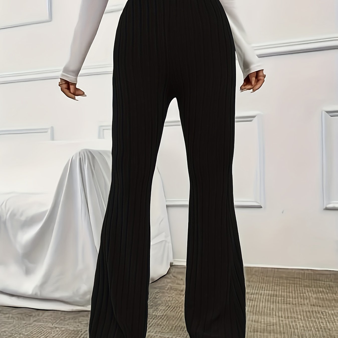 Elegant Ribbed Polyester Long Pants - High Elasticity, Solid Chic, Easy Care, Perfect for Spring & Fall