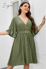 Ingvn - Plus Size Surplice Neck Half Sleeve Dress