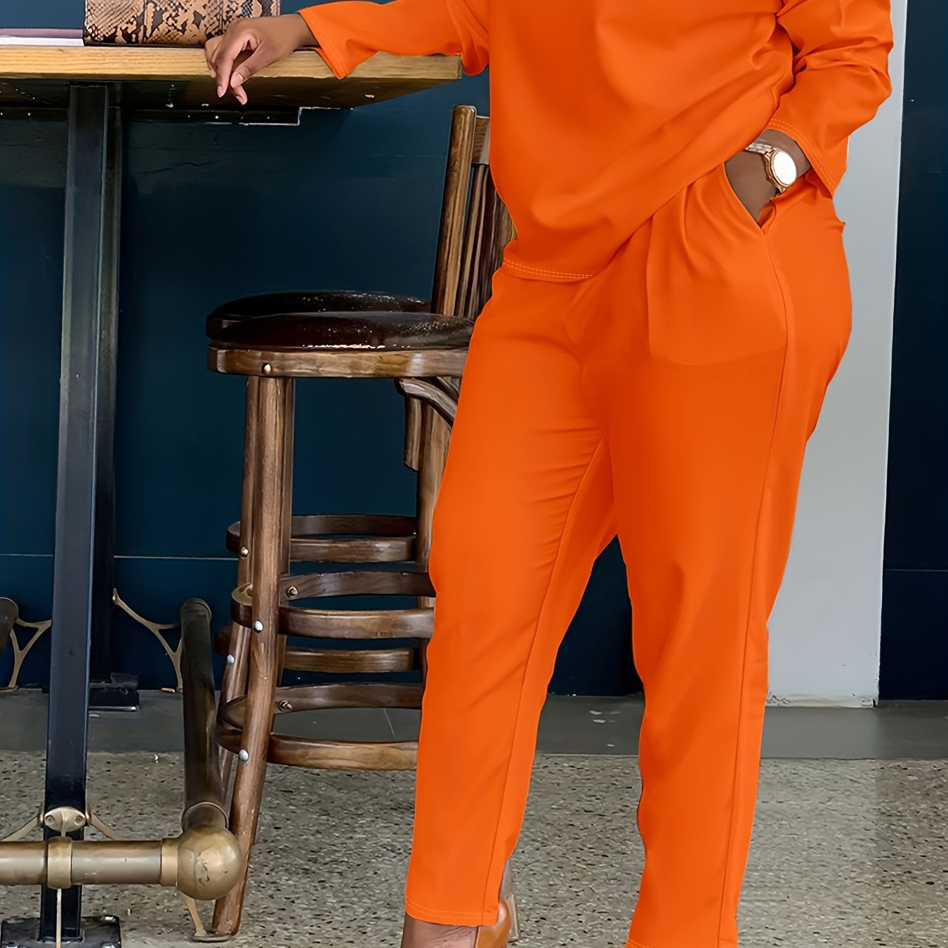 Solid Casual Two-piece Set, Crew Neck Long Sleeve Tops & Wide Leg Long Length Pants Outfits, Women's Clothing
