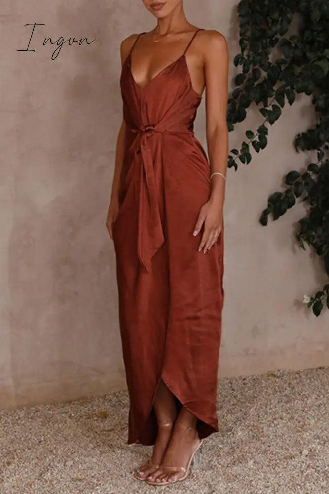 Ingvn - Sexy Solid Frenulum Fold V Neck Sling Dress Dresses