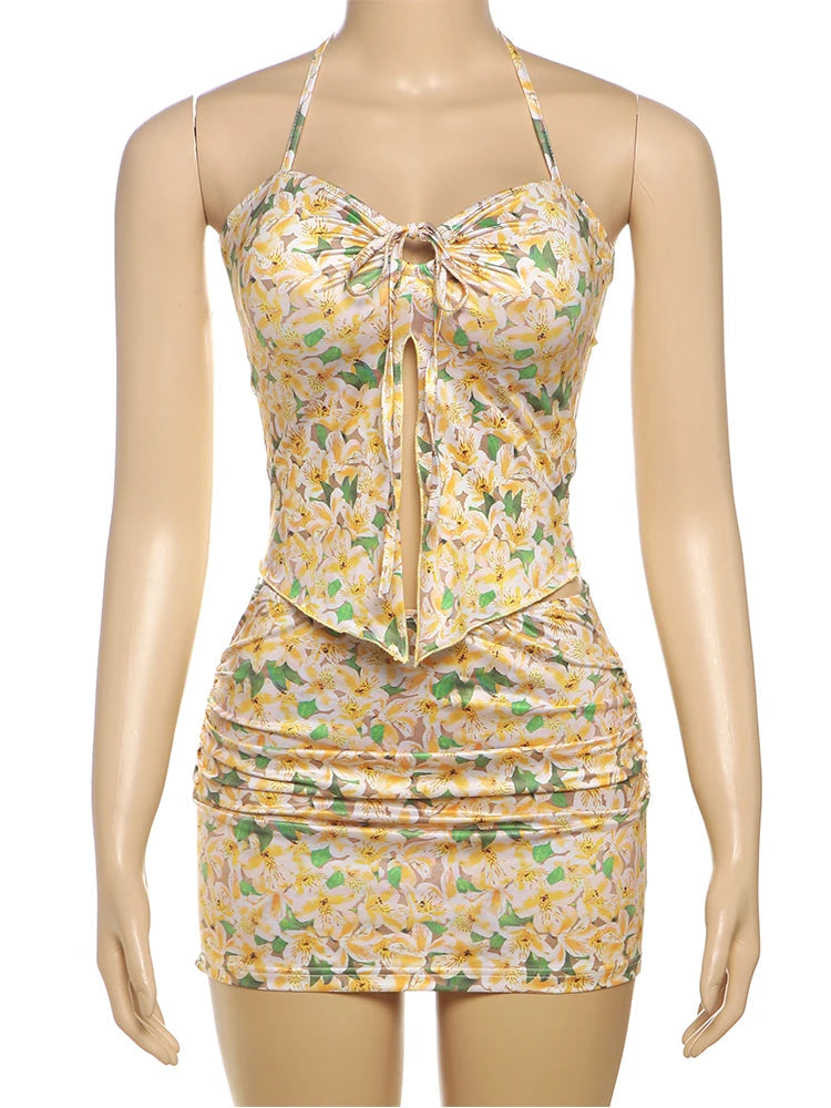 Sweet Floral Print Women 2 Piece Set Elegant Halter Shirring Tube Camisole+Peach Hip Skirts Sexy Club Matching Suits