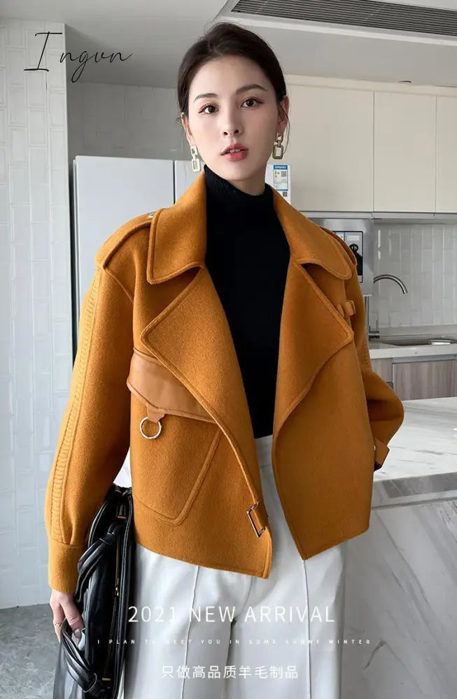 Ingvn - Women's Autumn Coat Pockets Solid Loose Short Jackets Ladies Wool &amp; Blends High Street Spring Woolen Coats for Women