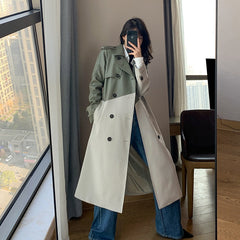 Women's Coat Spring Autumn Windbreaker Jacket Female Green Trench Quality Clothing Leather Stitching Windproof Long Ladies Cloak