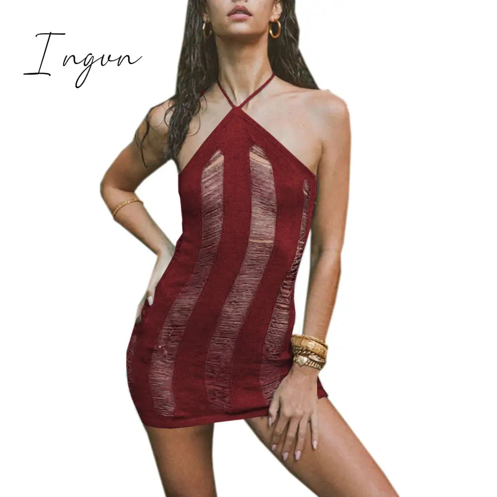 Ingvn - Knit Sexy Hollow Out Halter Women Dress Black Backless High Waist Mini Dress Women Summer Skinny Fashion Streetwear 2023