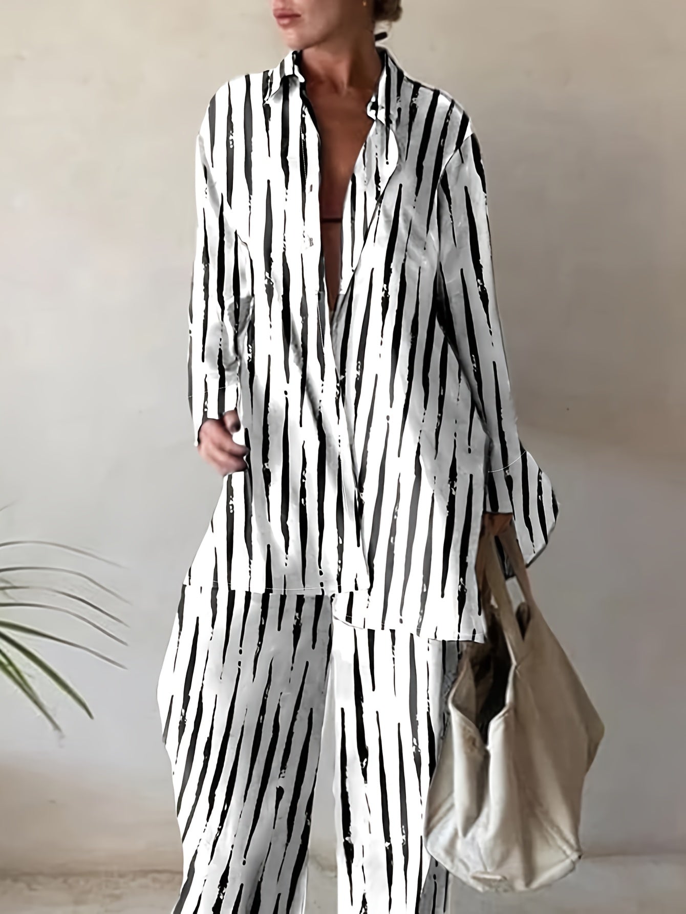 Plus Size Casual Outfits Two Piece Set, Women's Plus Abstract Stripe Print Button Up Long Sleeve Lapel Collar Shirt Top & High Rise Wide Leg Pant Outfits Two Piece Set