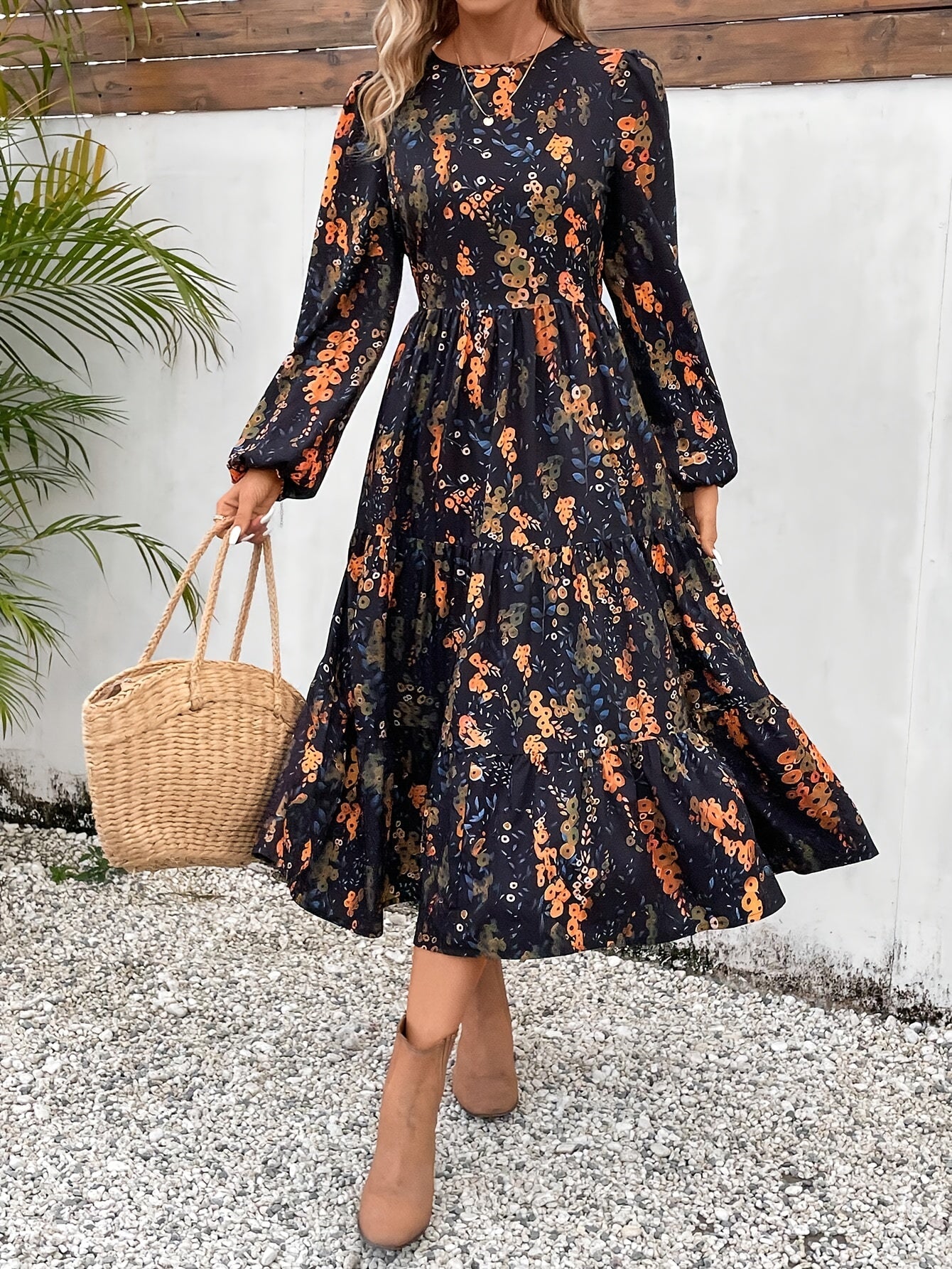 Floral Print Crew Neck Dress, Elegant Long Sleeve A-line Dress For Spring & Fall, Women's Clothing