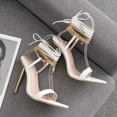 Summer  Sexy Luxury Trend Women Pumps Thin High Heel Peep Toe Ankle Lace Strap Metal Chain Decoration Ladies Shoes Female
