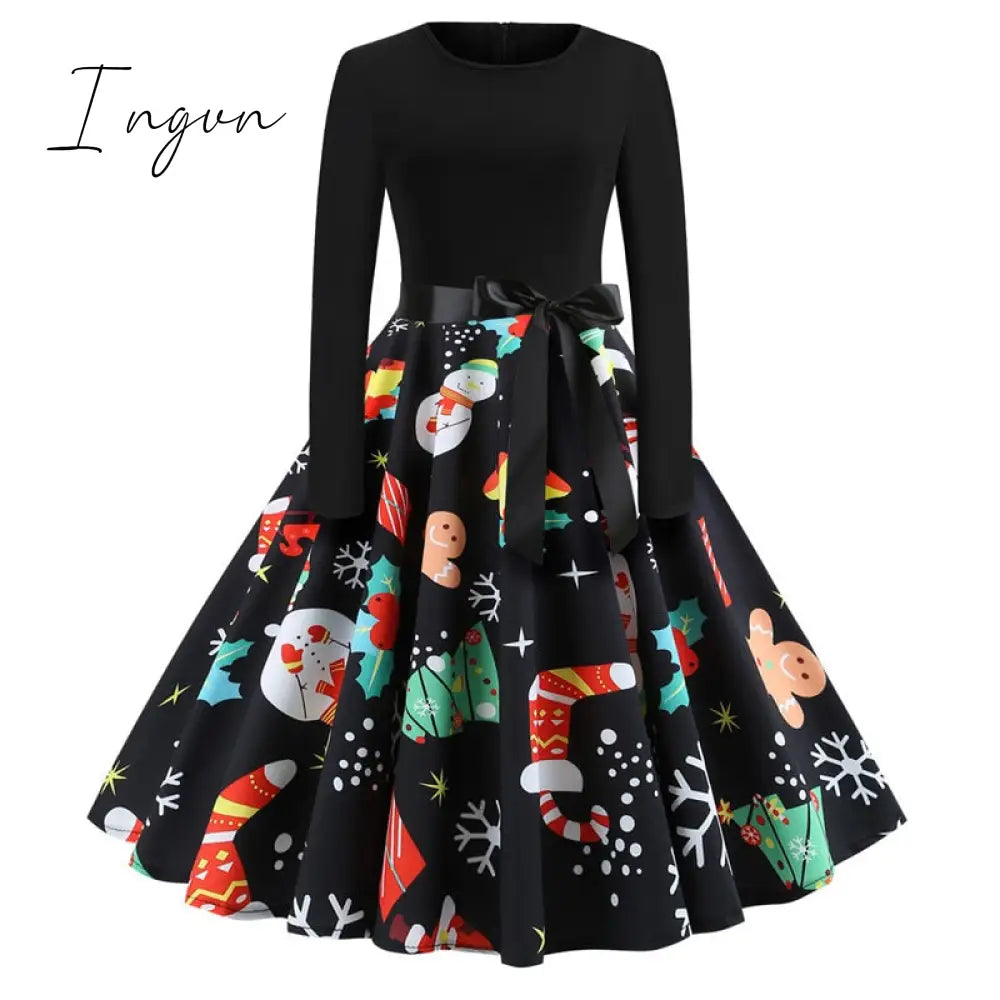Ingvn - Winter Christmas Dresses Women 50S 60S Vintage Robe Swing Pinup Elegant Party Dress Long Sleeve Casual Plus Size Print Black