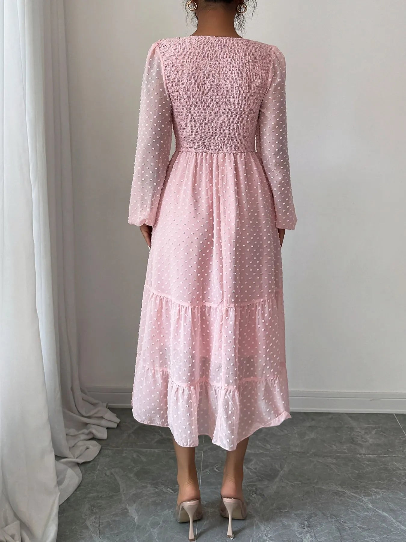 Polka Dot Long Sleeve Tiered Midi Dress