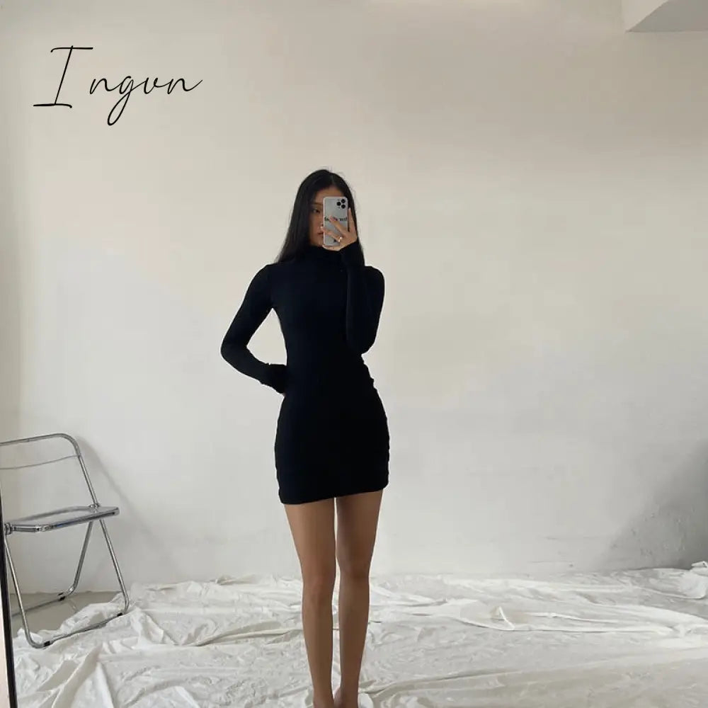 Ingvn - Autumn Fashion Sexy Solid Turtleneck Skinny Mini Dress Women Rib Knit Keep Warm Long Sleeve Slim Dress Streetwear