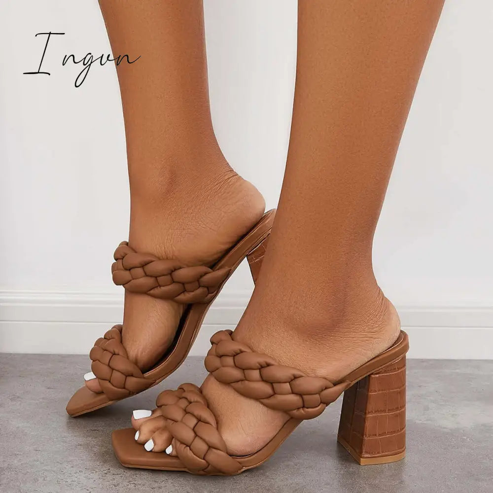 Ingvn - Square Toe Block High Heels Backless Slip on Mule Sandals