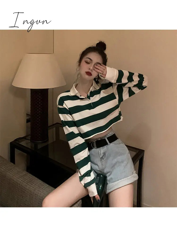 Ingvn - Loose Casual Vintage Striped Turn Down Collar