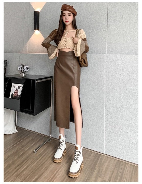 Midi Split PU Leather Skirt Women Autumn Winter Black Sexy Bodycon Fashion Party Ladies Pencil Skirts Ladies Pocket