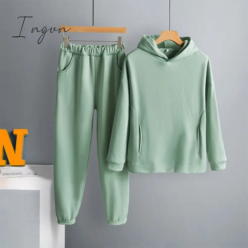 Ingvn - Two Piece Set Casual Fleece Tracksuit Women Winter Women's Sets Oversized Hooded Long Sleeve Hoodie Sport Pants Lady Suit