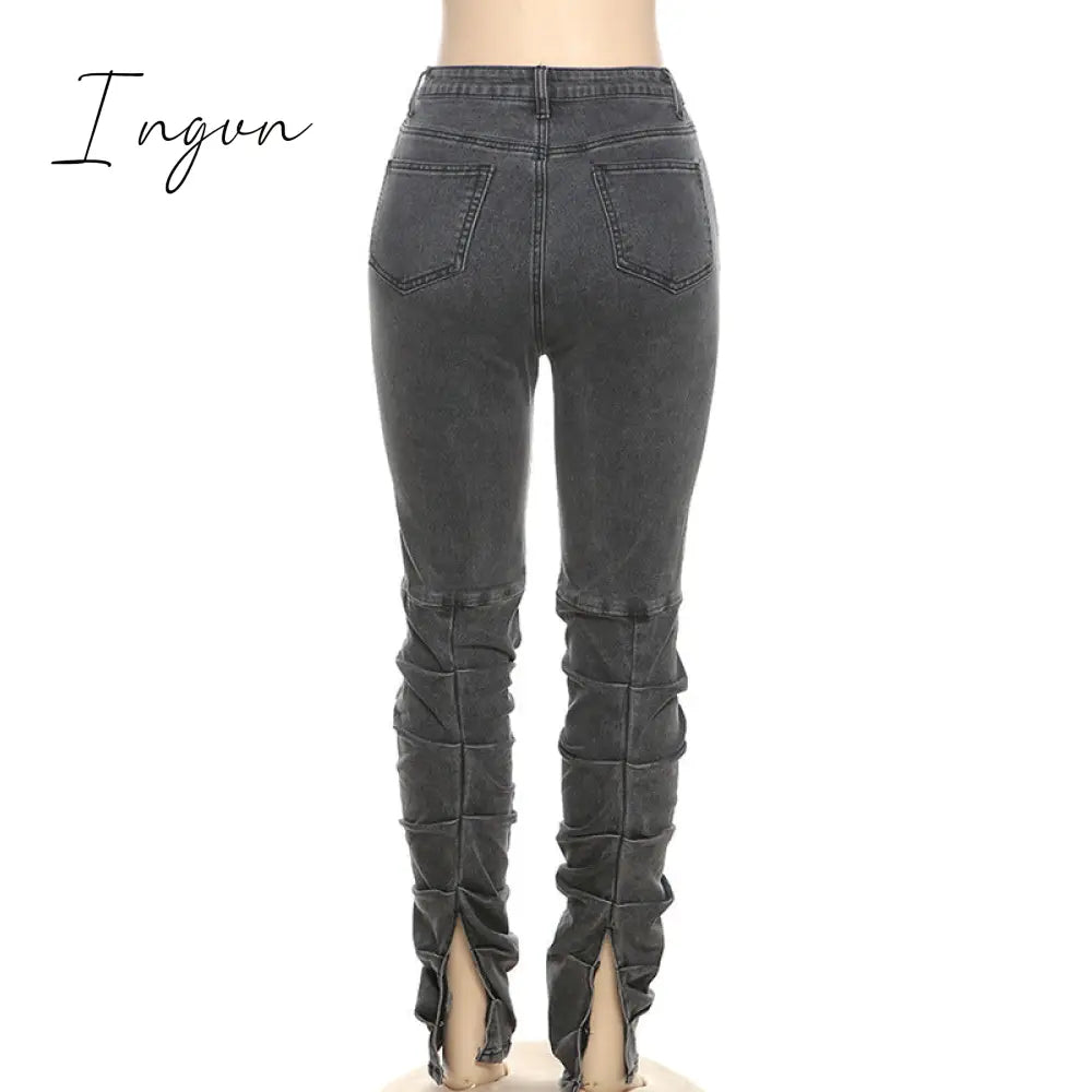 Ingvn - Grey Split Denim Stacked Pants Zip Up Baddie Style Streetwear Pencil Jeans For Women High Waist Bodycon Ruched Trousers