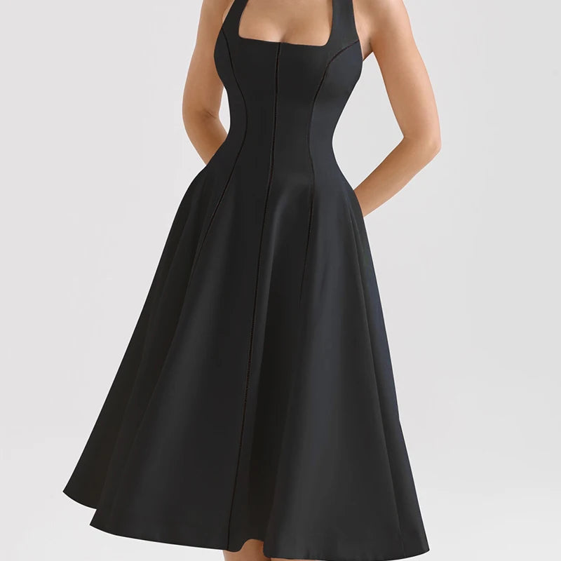 Vintage Elegant Black White Halter Midi Long Dresses Women A-line Slim Sexy Backless Dress Female Summer Party Robe