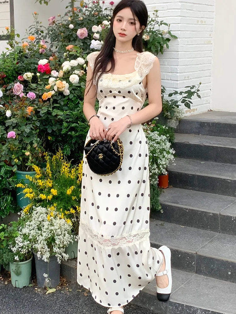 Elegant Party Sleeveless Midi Dresses for Women Summer Korean Casual Fashion Sexy Backless Lace Patchwork Female Clothing