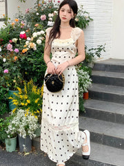 Elegant Party Sleeveless Midi Dresses for Women Summer Korean Casual Fashion Sexy Backless Lace Patchwork Female Clothing