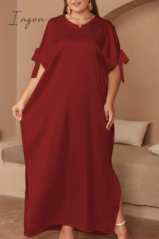 Ingvn - Casual Solid Frenulum Slit O Neck Long Dress Plus Size Dresses