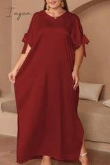 Ingvn - Casual Solid Frenulum Slit O Neck Long Dress Plus Size Dresses