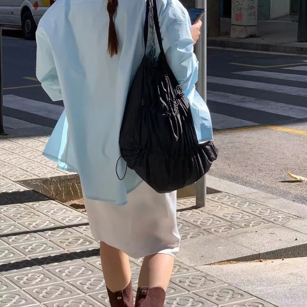 Ingvn  White Drawstring Backpack for Women  Korean Lazy Style Drawstring Backpack, Lightweight Nylon Water-repellent Backpack