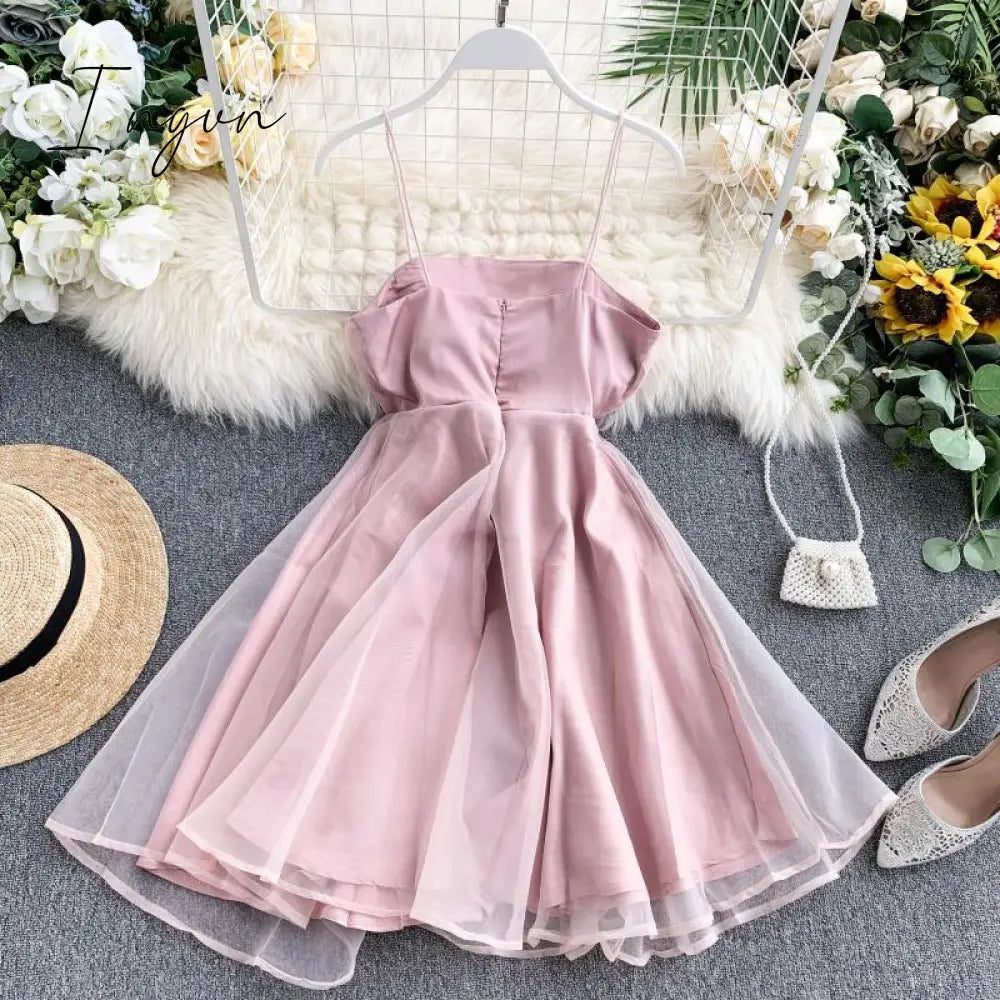 Ingvn - Spring Outfits Summer Spaghetti Strap High Waist Sleeveless Mini Chiffon Elegant Women Lady Female Dress