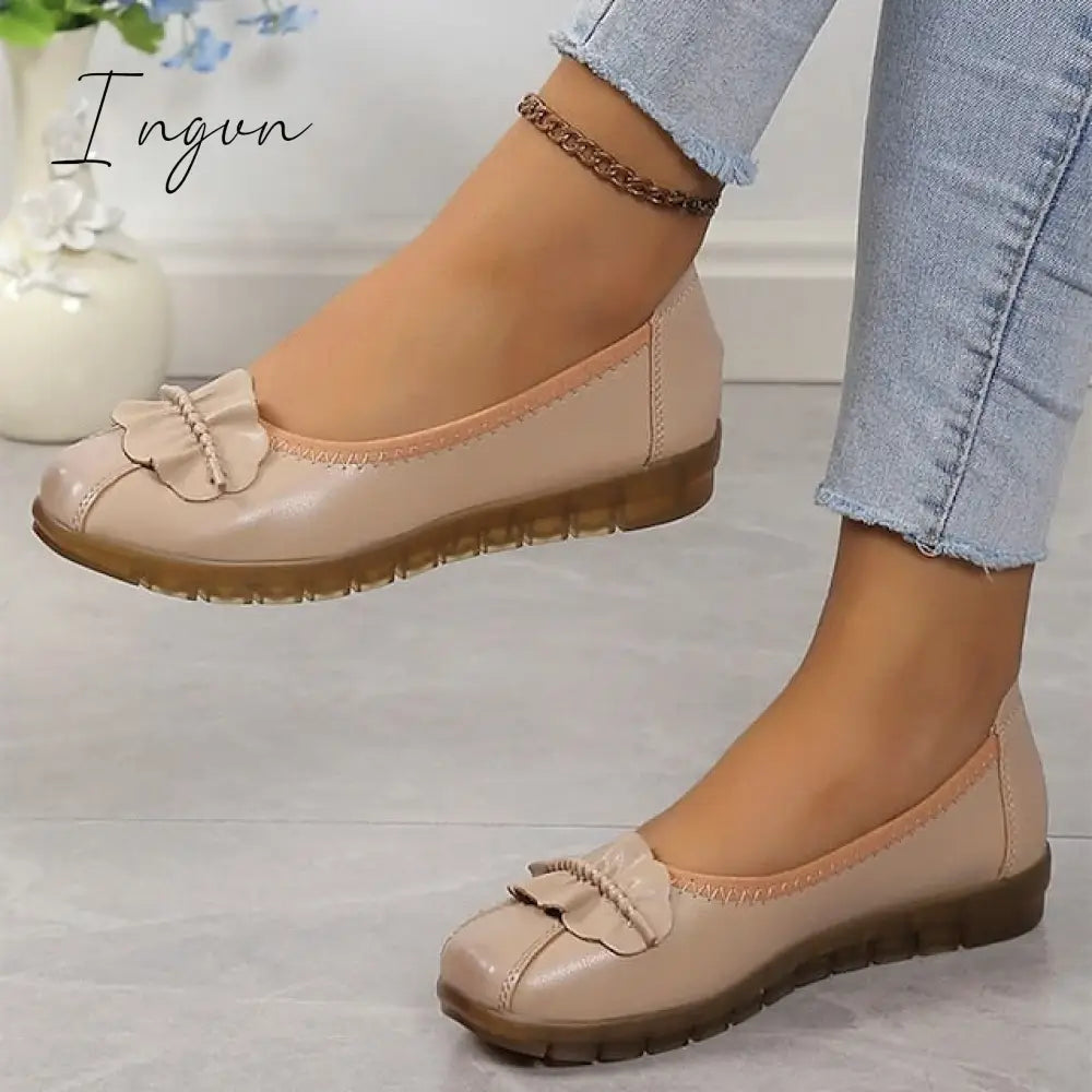 Ingvn - Women's Flats Ballerina Mary Jane Work Daily Bowknot Flat Heel Round Toe Casual Comfort Walking Shoes PU Loafer Floral Black Apricot